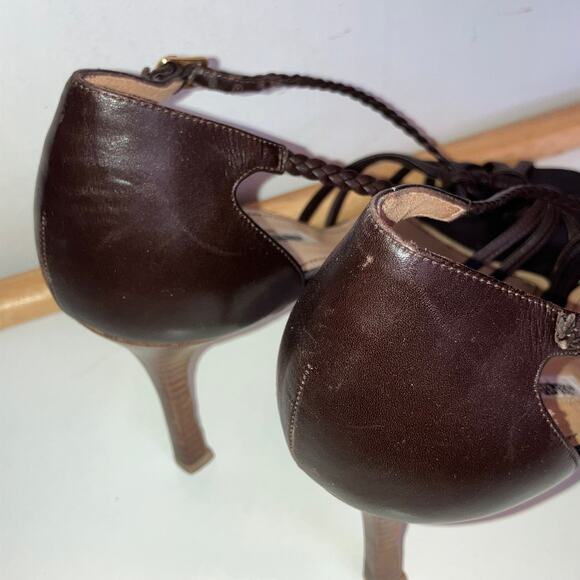 Vintage Manolo Blahnik brown braided leather strappy open toe stiletto heels - Picture 8 of 16
